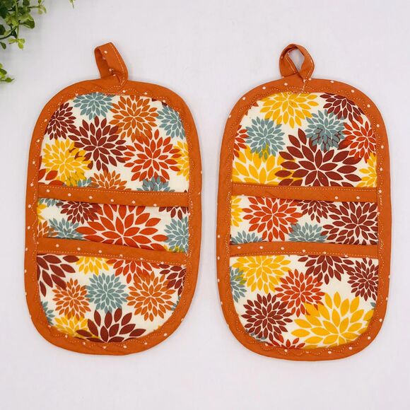 Set of 2 Finger Hotpad Potholders Fall Dahlias Orange, 2 Piece Baking Set - Picture 1 of 5
